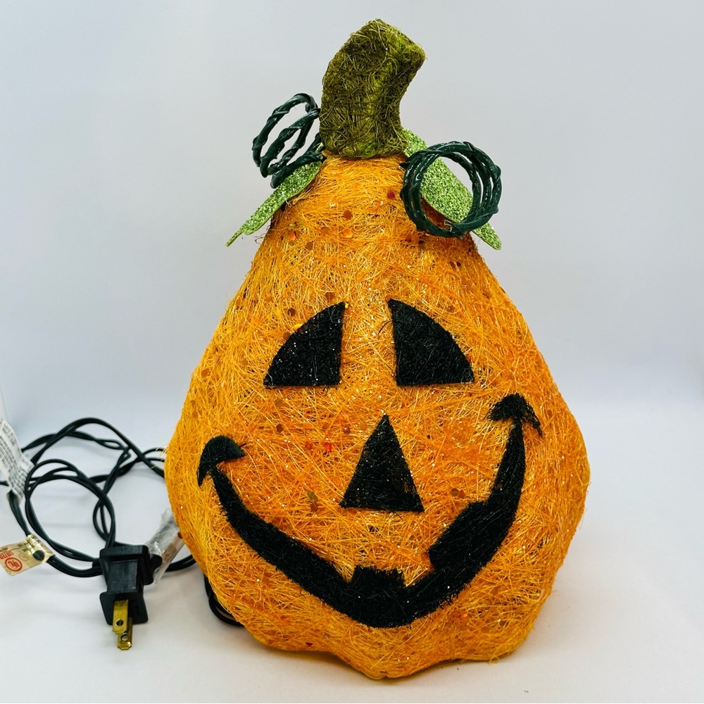Halloween Orange Mesh Lighted Jack-o-Lantern Pumpkin Spun Spaghetti String WORKS